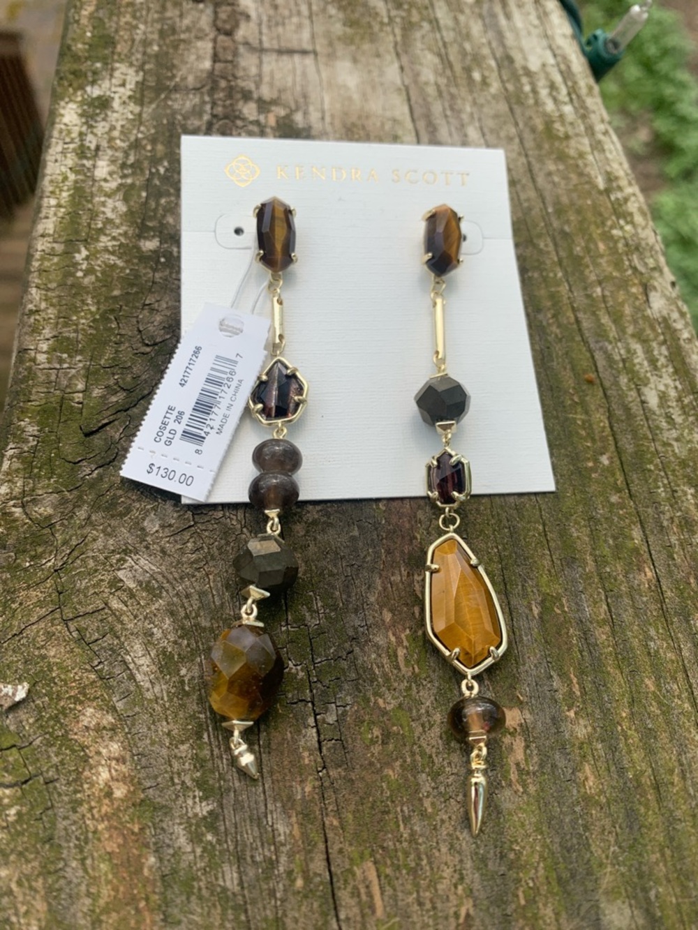 KENDRA SCOTT NWT Cosette Tiger Eye Pyrite Asymmetrical Mismatch Dangle Earrings